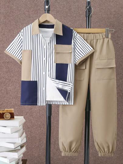 少年男孩夏季休閒條紋拼接襯衫和迷彩長褲套裝