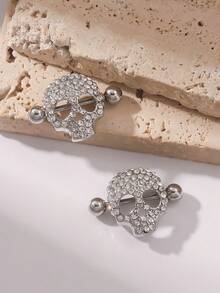1pair Stainless Steel Gold Plated Rhinestone Skull Scorpion Nipple Rings, European And American Punk Style Body Piercing Jewelry, Suitable For Daily Wear, Couples' Decorations Or Gifts For Each Other - Silver - View 2