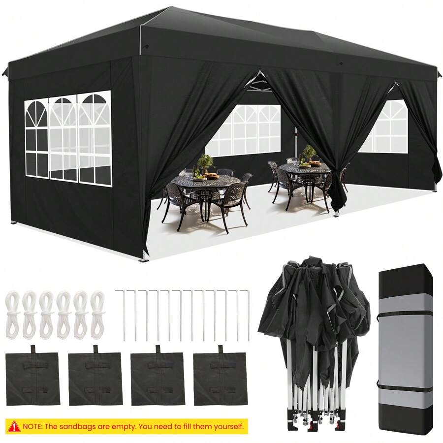 Gazebo 3x6 With Side Walls, Folding Pavilion 3x6 Waterproof, Stable, Winterproof With Bag With Wheels, 4 Sandbags, Easy To Set Up Folding Tent For Outdoor Party, Garden, Event - 黑色 - 查看 1