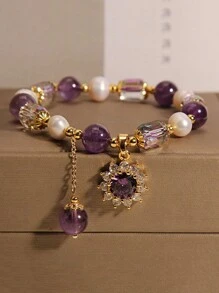 1pc Natural Freshwater Pearl & Amethyst Bracelet Women's Light Luxury Micro-Inlaid Sunflower Pendant Beaded Strand Bracelet, Best Friend Gift Valentines,Mom,Mother,Mother's Day,Gift