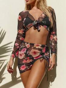 4 piezas conjunto de traje de baño para mujer playa bañadores con estampado floral moda,Navidad, Regalo de Navidad, Invierno, Día de Acción de Gracias, Decoración Navideña, Maquillaje, Fiesta, Playa, Viajes, Ropa de Vacaciones, Rosa, Años 2000, Ofertas, Regalo. - Negro - Ver 10