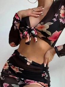 4 piezas conjunto de traje de baño para mujer playa bañadores con estampado floral moda,Navidad, Regalo de Navidad, Invierno, Día de Acción de Gracias, Decoración Navideña, Maquillaje, Fiesta, Playa, Viajes, Ropa de Vacaciones, Rosa, Años 2000, Ofertas, Regalo. - Negro - Ver 4