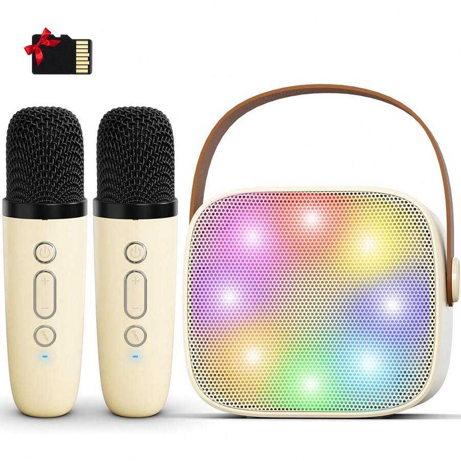 Mini Karaoke Machine, Portable Bluetooth Karaoke Speaker With 2 Wireless Microphones, MP3 Music Player - Beige - View 1