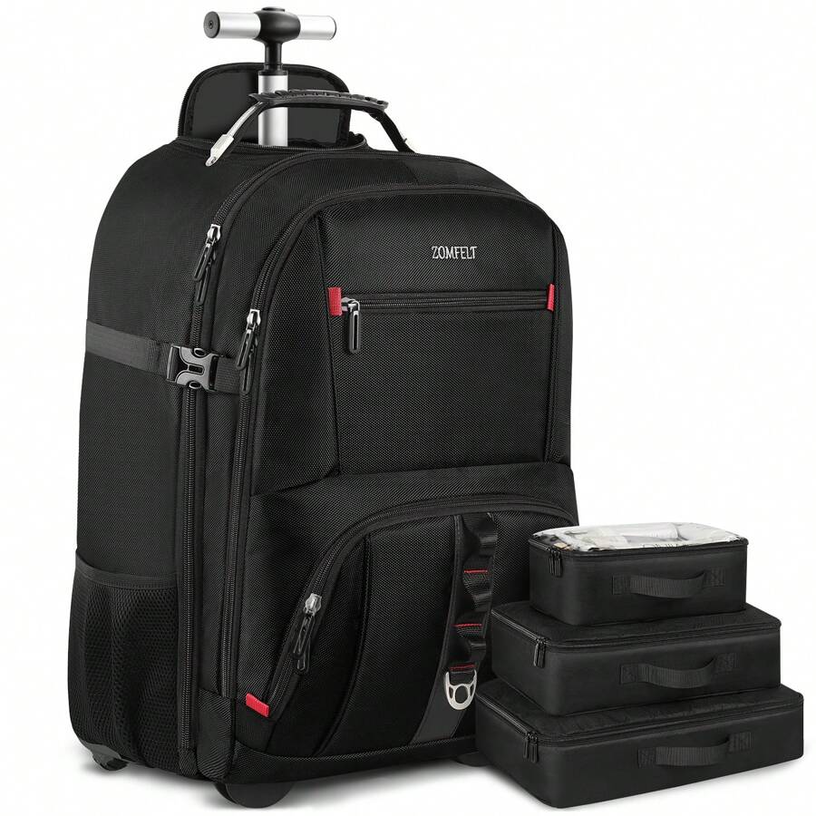 ZOMFELT Rolling Backpack, Travel Backpack With Wheels, Carry On Luggage With 3 Travel Luggage Organizers, 17.3 Inch Rolling Laptop Backpack For Travel Work, Luggage Business Bag For Men Women, Valentine's Day, Mother's Day, New Year's Gifts, Graduation Season Gifts, St. Patrick's Day - màu đen - Xem 1