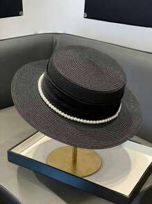 1pc Women's Pearl Ribbon Sun Protection Fashionable Flat Top Straw Hat, Suitable For Beach Vacation - Straw Hat - View 11