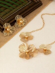 3pcs/Set Fashionable Exquisite Elegant Flower Pendant Necklace & Earrings Set, Suitable For Women's Evening Parties, Gatherings, Holidays And Vacations Valentines,Mom,Mother,Mother's Day,Gift - Yellow Gold - View 5