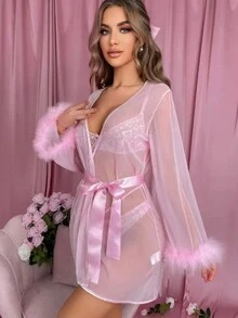 1入女性性感極簡風可愛見網流蘇帶狀睡衣 - 粉色 - 查看 3