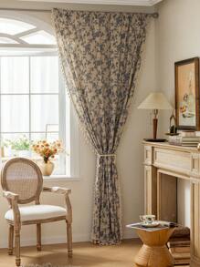 1pc Elegant Vintage Floral Printed Curtain, Beige Tassel Semi-Sheer Kitchen Short Curtain, Room Divider, Suitable For Home, Bedroom, Study, Living Room, Balcony, Terrace, Window Decoration, All Season
