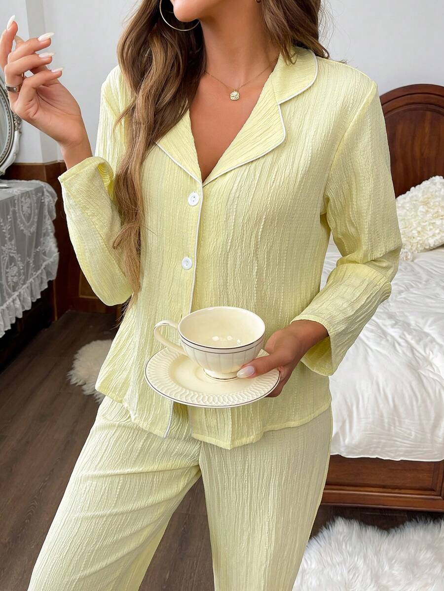 Nina Bonheur Conjunto de pijama de 2 piezas para mujer, de ajuste holgado, con camisa de manga larga con botones y pantalón recto de pierna elástica