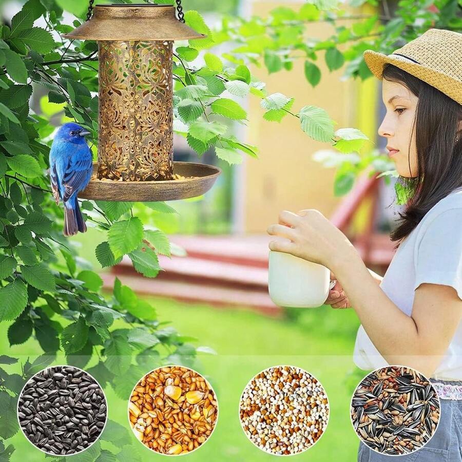Solar Bird Feeder For Outdoors Hanging Metal Wild Bird House With Light Solar Garden Lantern