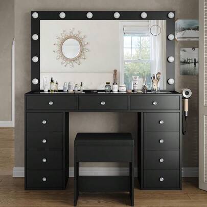 FUSOU Vanity Desk & Power Outl, Tocador de maquillaje con espejo y 12 luces LED, mesa de maquillaje con 11 cajones, mesa de tocador con silla, conjunto de tocador, 3 modos de iluminación con brillo ajustable-(Color blanco)