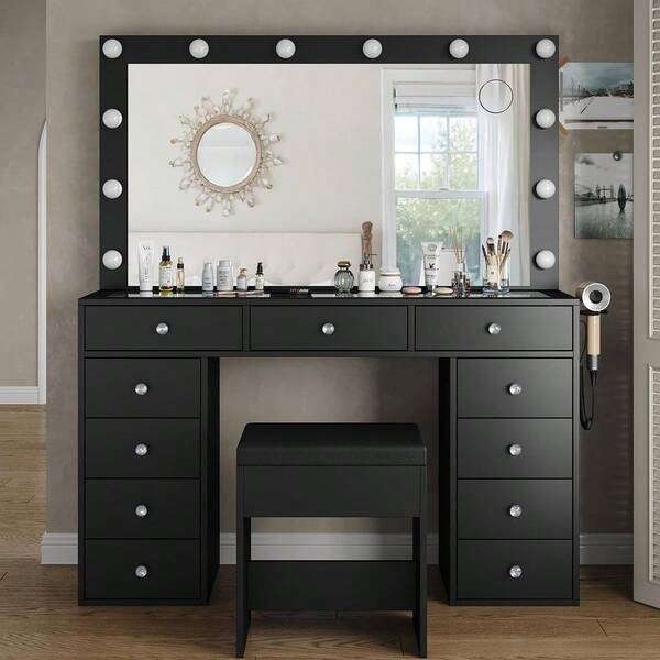 FUSOU Vanity Desk & Power Outl, Tocador de maquillaje con espejo y 12 luces LED, mesa de maquillaje con 11 cajones, mesa de tocador con silla, conjunto de tocador, 3 modos de iluminación con brillo ajustable-(Color blanco)
