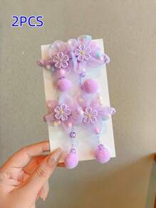 2 件/套女孩紫色花朵流苏绒球卡通发圈，不会损坏发带 - 紫色 - 查看 7