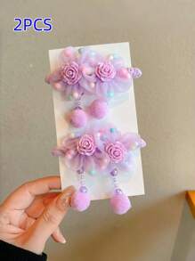 2 件/套女孩紫色花朵流苏绒球卡通发圈，不会损坏发带 - 紫色 - 查看 6