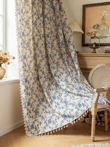 1pc Elegant Vintage Floral Printed Curtain, Beige Tassel Semi-Sheer Kitchen Short Curtain, Room Divider, Suitable For Home, Bedroom, Study, Living Room, Balcony, Terrace, Window Decoration, All Season