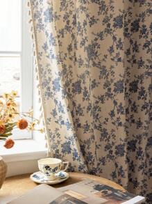 1pc Elegant Vintage Floral Printed Curtain, Beige Tassel Semi-Sheer Kitchen Short Curtain, Room Divider, Suitable For Home, Bedroom, Study, Living Room, Balcony, Terrace, Window Decoration, All Season