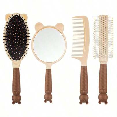 4件套可爱造型发梳套装，包含气垫梳、干湿两用梳、顺发梳和镜子，是旅行和居家使用的理想之选。产品包括：梳子、发刷、边缘梳、顺发梳、球形梳、迷你发梳、发梳套装、木梳、发刷、发型、美发、发梳套装、梳子、卷发梳、顺发梳、女士发梳、头发、旅行、美发产品、美发工具、美发用品、理发师、理发师配件、理发店、美发设备。