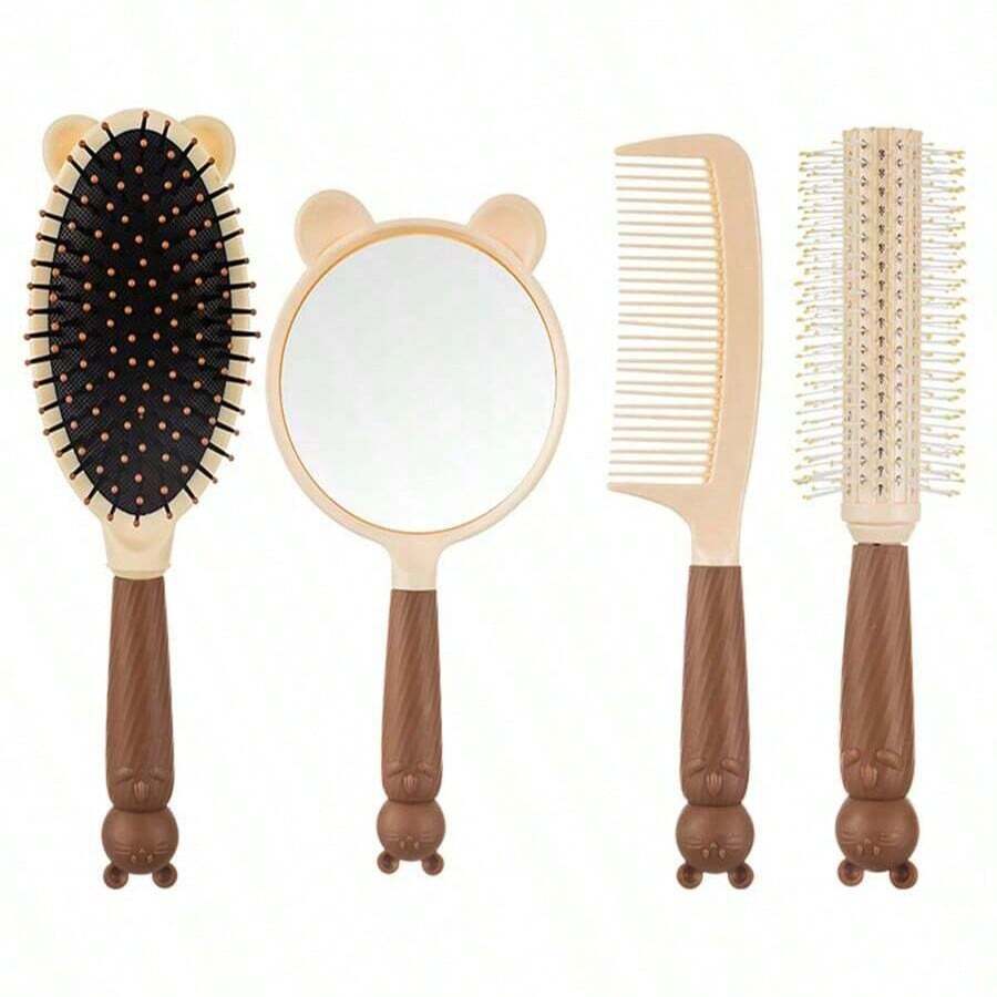 4件套可爱造型发梳套装，包含气垫梳、干湿两用梳、顺发梳和镜子，是旅行和居家使用的理想之选。产品包括：梳子、发刷、边缘梳、顺发梳、球形梳、迷你发梳、发梳套装、木梳、发刷、发型、美发、发梳套装、梳子、卷发梳、顺发梳、女士发梳、头发、旅行、美发产品、美发工具、美发用品、理发师、理发师配件、理发店、美发设备。 - 杏色 - 查看 1