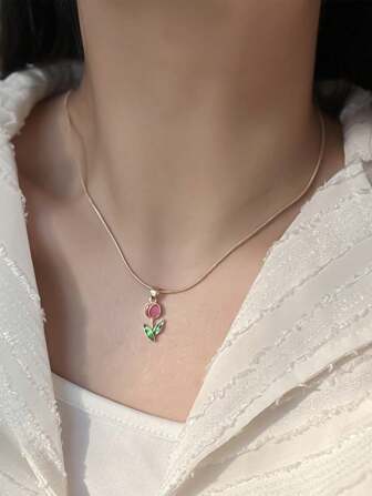 1pc Dripping Oil Tulip Collarbone Pendant Necklace