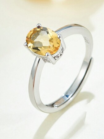 1pc 925 Silver Minimalist, Charming, Multi-Faceted Oval Cut Natural Citrine Open Ring, Suitable For Daily Wear, Dates, Gatherings And More