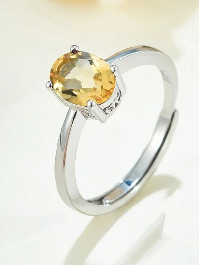 1 件 925 银简约、迷人、多面椭圆形切割天然黄水晶开口戒指，适合日常佩戴、约会、聚会等