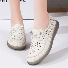Women's Hollow Out Leather Loafers, New Summer Style Slip-On Soft Flat Sole Shoe, Casual Mom Shoes, Moccasin