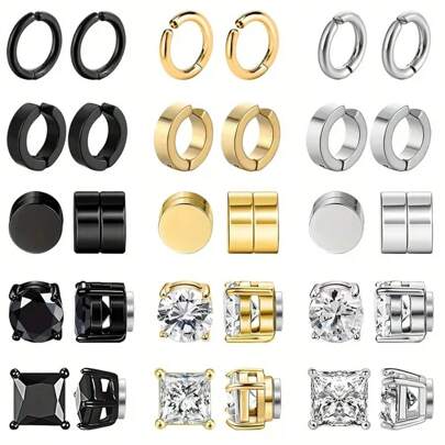 1套10個時尚朋克不鏽鋼無孔磁性耳夾套裝，男女適用於任何場合