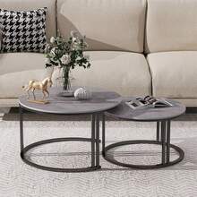 Round Nesting Coffee Table Set Of 2 Sintered Stone Sofa Side Table With Metal Frame - Grey - View 8