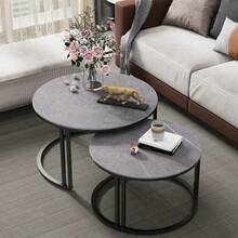 Round Nesting Coffee Table Set Of 2 Sintered Stone Sofa Side Table With Metal Frame - Grey - View 7