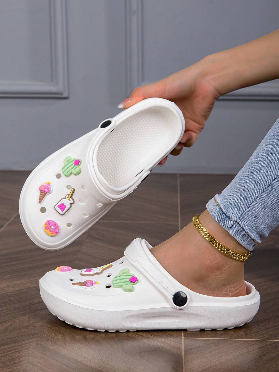 时尚休闲可爱厚底包头沙滩凉鞋，一脚蹬设计，带装饰扣，防滑，轻便，情侣款，花园木屐，春夏