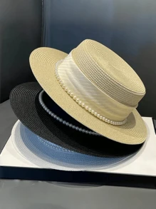 1pc Women's Pearl Ribbon Sun Protection Fashionable Flat Top Straw Hat, Suitable For Beach Vacation - Straw Hat - View 8