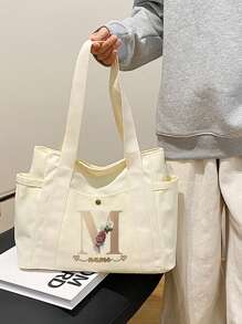 Bolsas de tote personalizadas con iniciales de la A a la Z con patrón de letras doradas, bolsa de compras de lona de gran capacidad, organizador de hombro personalizado para mujeres, bolsas de mano de comestibles, bolsa reutilizable personalizada con patrón de nombre, bolsa de lona para ir y venir, bolsa de picnic de viaje, bolsa de playa - Beis - Ver 5