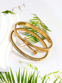 1 pièce Bracelet jonc en acier inoxydable pour bijoux raffiné, élégant et , orné de strass, convient pour un port quotidien pour femmes, une fête d'anniversaire, une réunion ou un cadeau de mariage - Doré - Voir 3