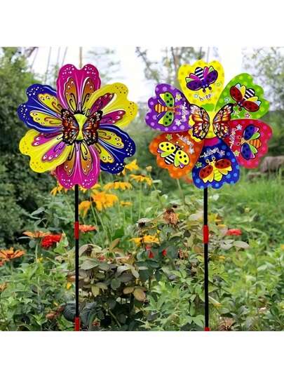 1入組花蝴蝶設計繽紛手持風車-耐用花園旋轉器-完美生日禮物用於戶外遊戲和裝飾，顏色隨機