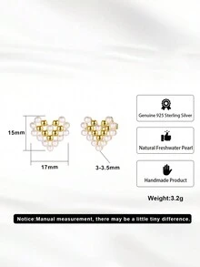 1對甜美可愛優雅的心形淡水珍珠耳釘，銀925鑲真珠串飾耳環，適用於女性、女士、女孩珠寶首飾，最佳生日、情人節、婚禮、訂婚和日常配戴禮物 - 金黃色 - 查看 6