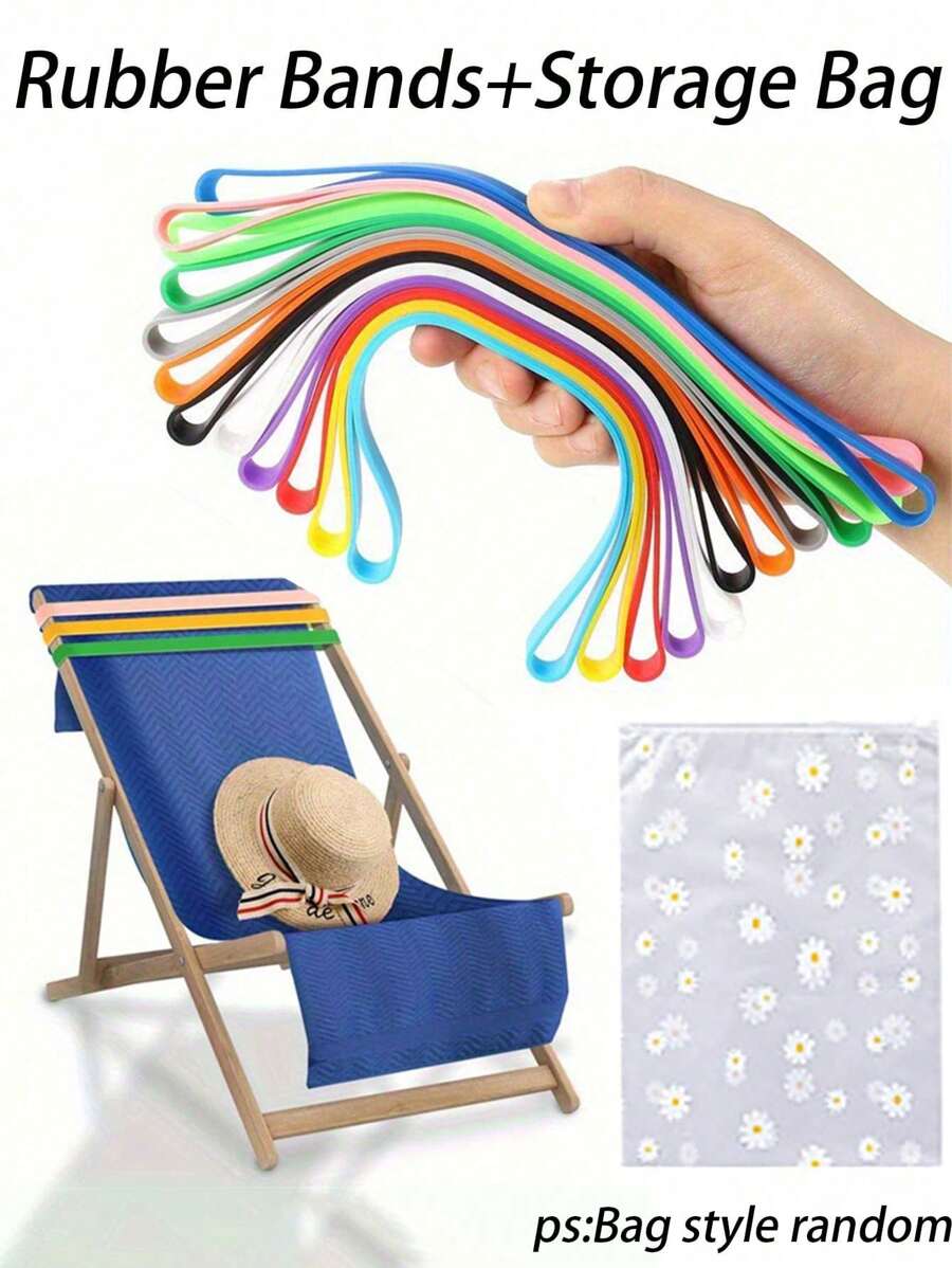 1套硅胶沙滩椅毛巾带，带收纳袋（袋子款式随机），防风沙滩巾带，可拉伸彩色沙滩椅带，泳池和游轮沙滩巾架带，学校必备沙滩包，学校配件，学校用品 - 彩色 - 查看 1