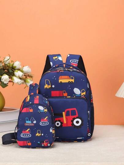 2pcs Kids' Cartoon Pattern Backpack & Chest Bag Set, Random Printed Pattern
