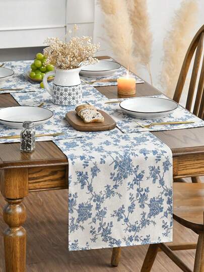 1pc Polyester Vintage Floral Printed Bohemian-Style Blue Rose Table Runner, Rectangular Table Runner With Bohemian-Style Dark Blue Floral Print, Fabric Placemat, Vintage Seasonal Kitchen Table Decoration, Suitable For Home Party Decoration Kitchen Tablecloth