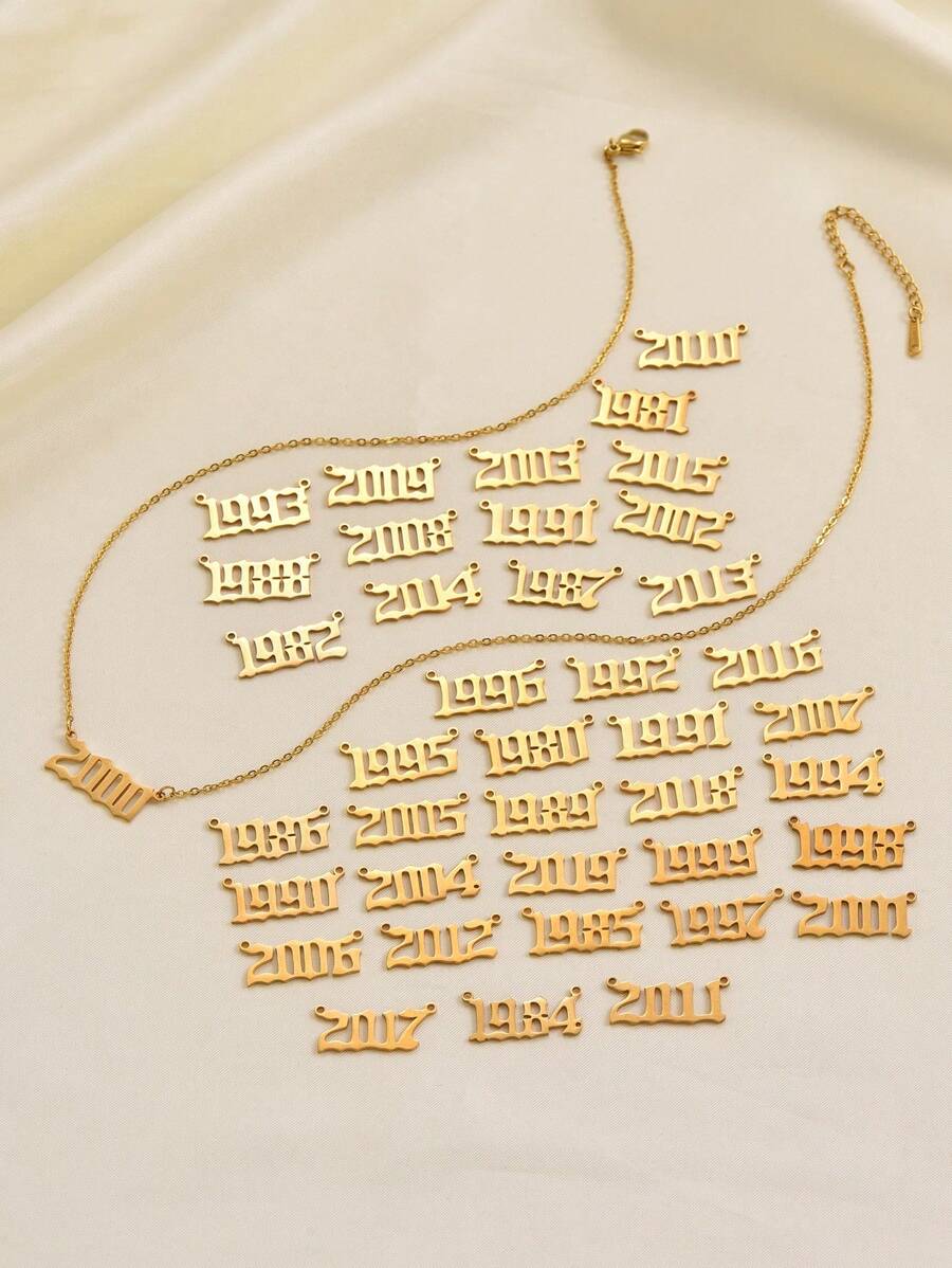 1pc Fashionable, Minimalist, Elegant Ladies' Style, Gold-Tone Stainless Steel Year Pendant Necklace, With Lobster Clasp And Adjustable Tail Chain Design For Better Fitting On Neck, Suitable As A Gift For Birth Year, Wedding Year, Love Year, And Other Special Years For Family And Friends Valentines,Mom,Mother,Mother's Day,Gift - 金色 - 查看 1
