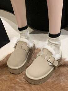 2022秋冬新款保暖蓬松套脚拖鞋，女士闭趾人造毛皮内衬家居鞋