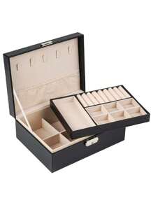 1 Hộp Bảo Quản Trang Sức Hai Lớp Có Khóa, Hộp Đựng Nhẫn Bông Tai Bằng Da PU, Hộp Quà Tặng Trang Sức, Phong Cách Phương Tây, Sinh Nhật, Cô Dâu - màu đen - Xem 2