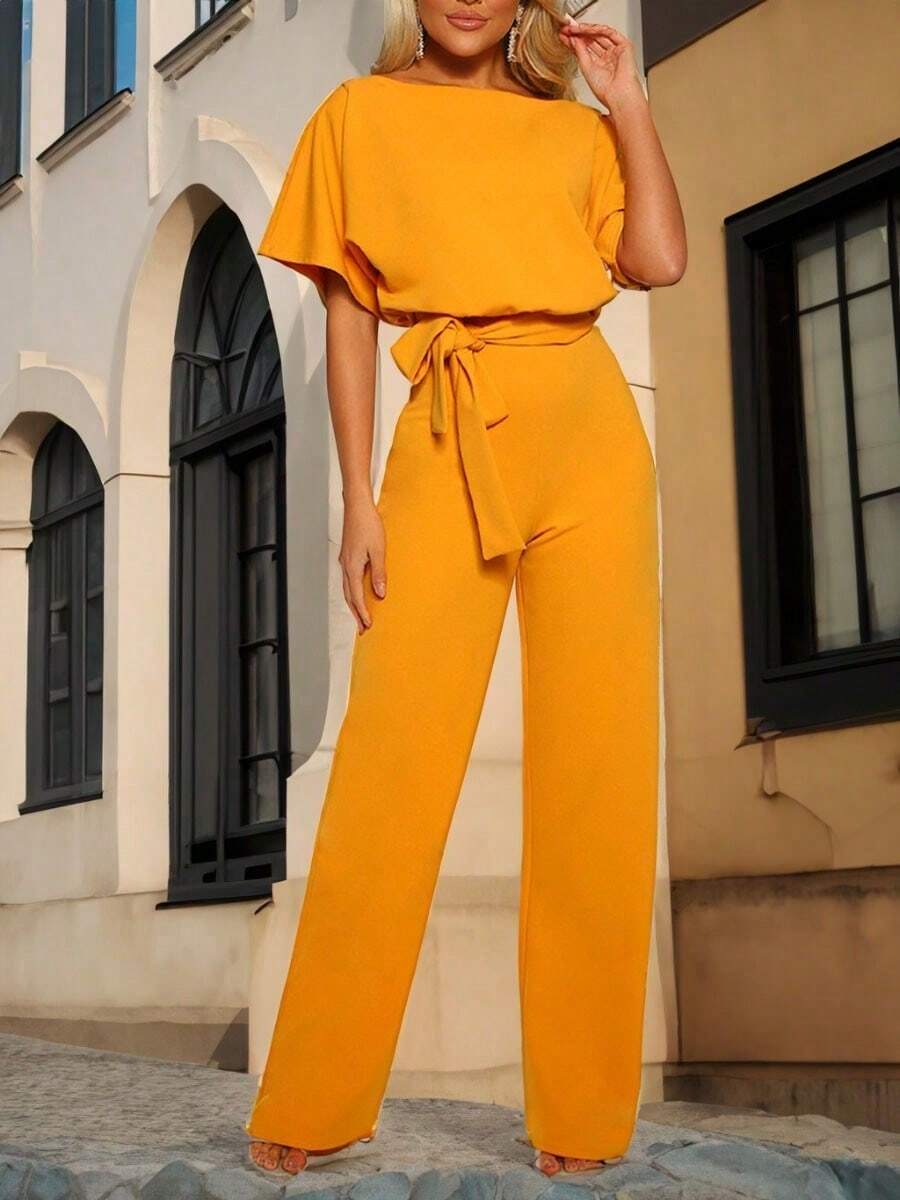 Mujeres mono temperamento viajero primavera otoño pantalones botón corbata de manga corta recta sin tirantes con volantes mono - Amarillo - Ver 1