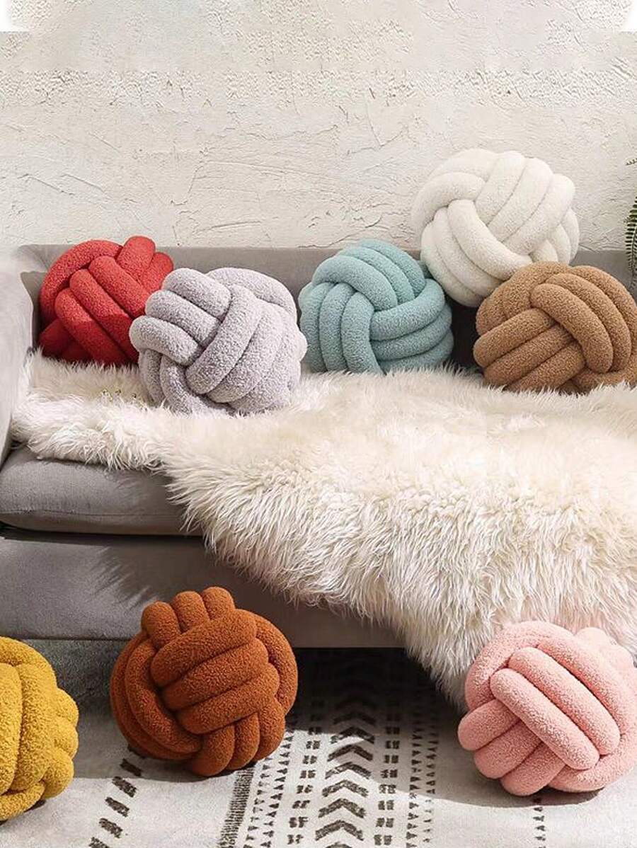 1pc Handmade Knotted Ball Plush Pillow, Home Decorative Plus Fleece Thick Throw Pillow For Sofa And Bed - Caramel Colour - View 1