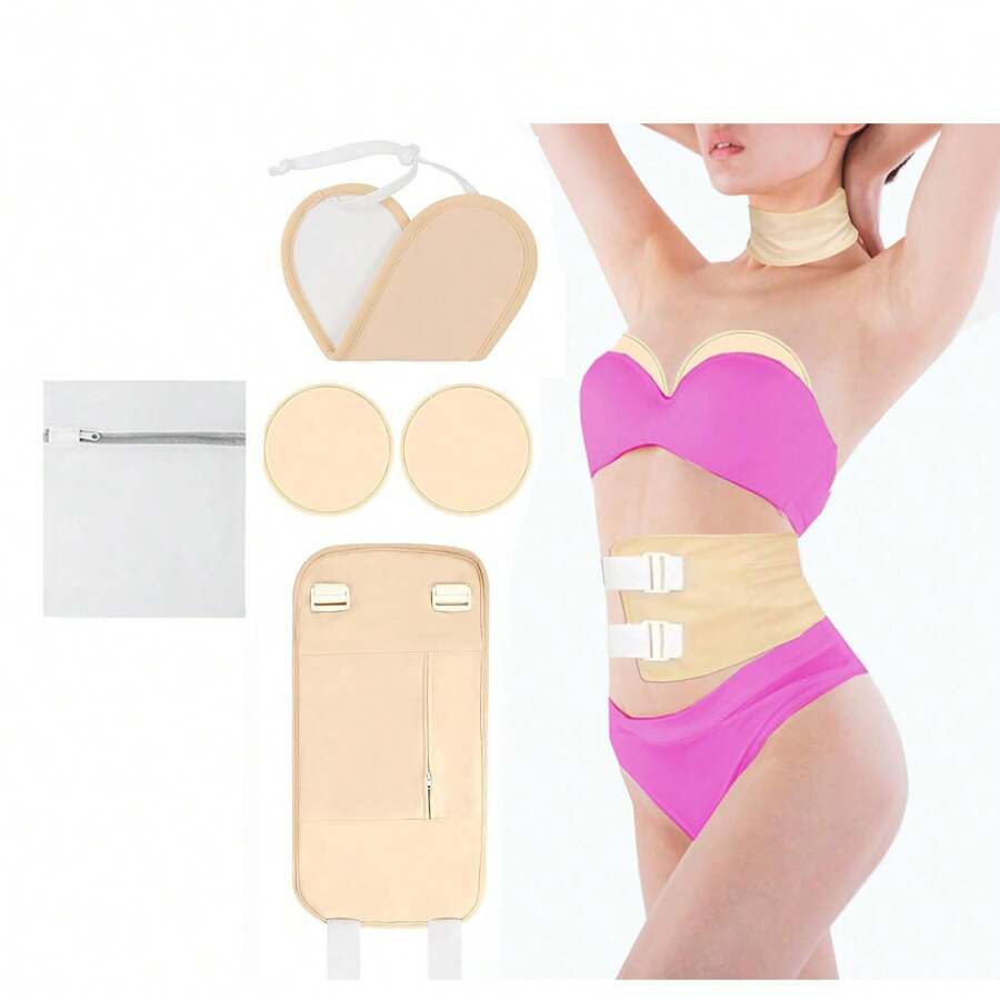 Bộ 5 miếng/bộ dầu thầu dầu, miếng lót tái sử dụng cho bụng, cổ và ngực, có đai đàn hồi có thể điều chỉnh, chống thấm nước và chống dầu, có thể giặt bằng máy và giặt tay (không cần dầu), màu kaki - Màu Khaki - Xem 1