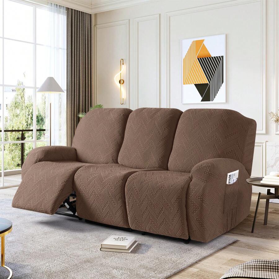 Stretch Recliner Sofa Covers, Reclining Couch Covers With Pockets, Jacquard Reclining Sofa Covers Soft Washable Furniture Protector With Elastic Bottom - Rust Brown - View 1