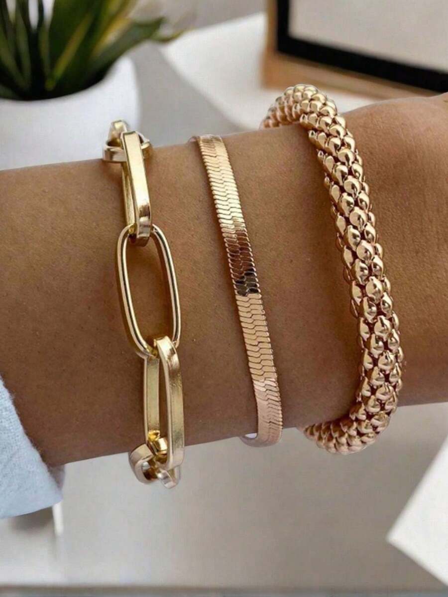 5pcs New Fashion Zinc Alloy Material Waterproof Tarnish Resistant Twisted, Snake & Beaded Chain Bracelet Set, Perfect For Women's Daily Wear, Party Dressing And Gift Giving(Do Not Wear During Exercise Or Bathing)