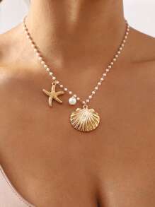 1 pieza Collar colgante con concha de estrella de mar y perlas falsas estilo Ocean INS - caparazón - Ver 1