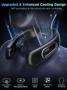 1入便攜頸掛風扇，吹涼空氣的頸掛風扇，可充電無葉頸掛風扇，360度散熱頸掛風扇，四檔調速，安靜，5200 MAh電池供電，可穿戴的USB個人風扇，適用於旅遊、戶外、工作、家庭、戶外運動等 - 黑色 - 查看 3