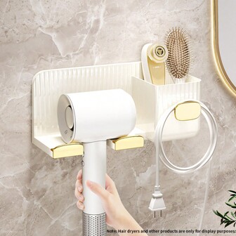 1pc PET Hair Dryer Holder For Bathroom, Wall Mounted No Drill Plastic Hair Dryer Stand With Comb Storage, Stand Holder For Hair Blower, Bathroom Accessories, Room Decor