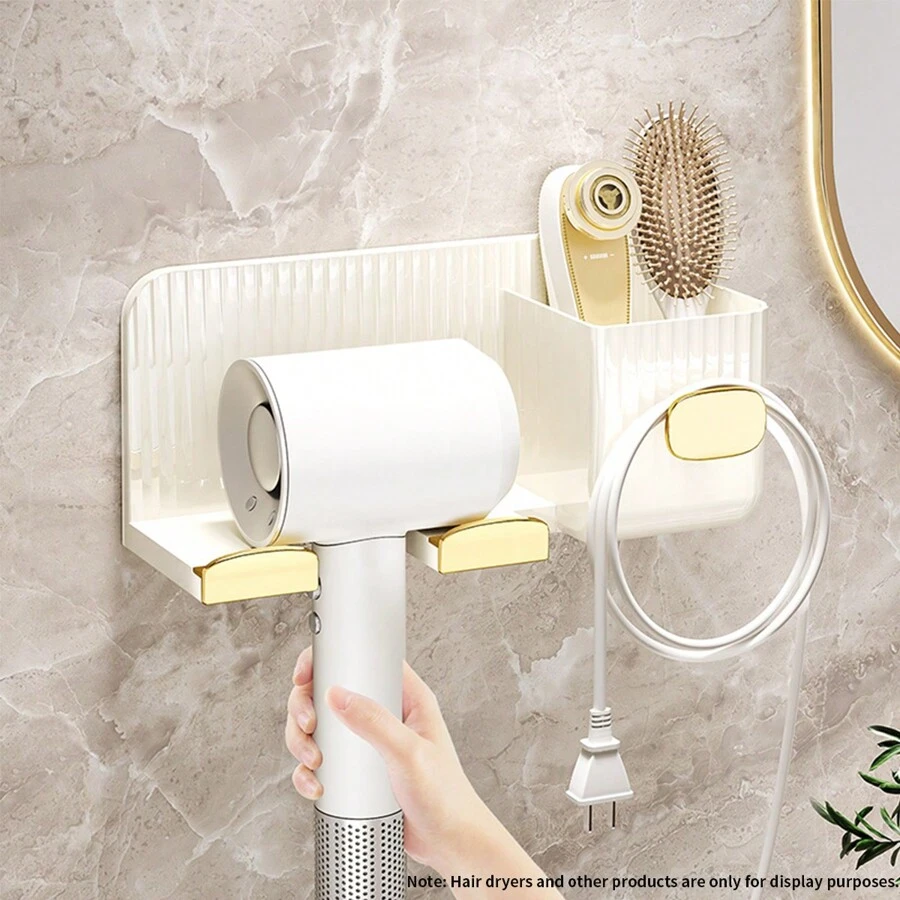 1pc PET Hair Dryer Holder For Bathroom, Wall Mounted No Drill Plastic Hair Dryer Stand With Comb Storage, Stand Holder For Hair Blower, Bathroom Accessories, Room Decor Bathroom Accessories